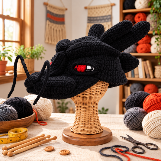 Handmade 3D Dragon Crochet Hat for Adults – Fantasy Dragon Head Beanie with Horns, Fiery Eyes & Whiskers