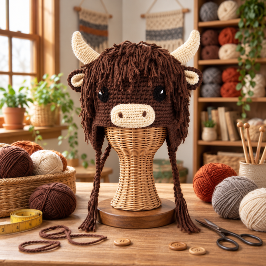 Handcrafted 3D Highland Cow Crochet Earflap Beanie with Horns & Tassels
