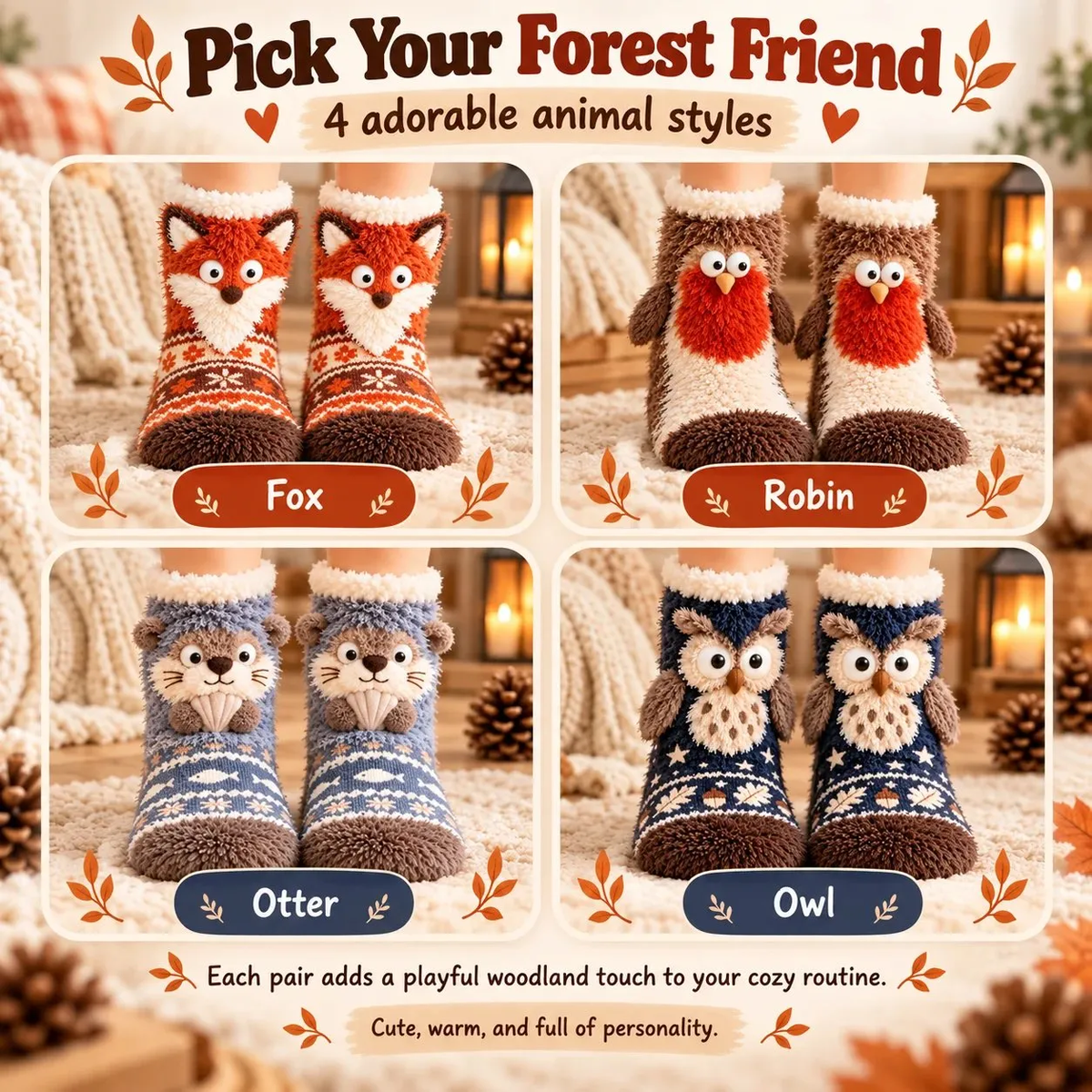 Cute 3D Woodland Animal Fuzzy Slipper Socks – Cozy Winter Socks with Owl, Fox, Robin & Otter Designs