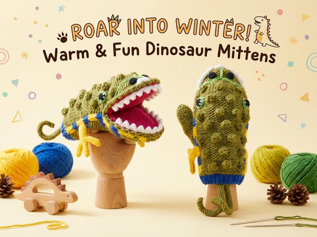 Kids' 3D Crocodile Hand-Crocheted Mittens – Funny Alligator Puppet Gloves