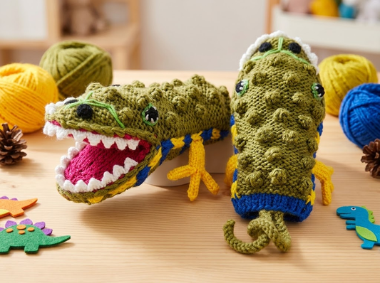 Kids' 3D Crocodile Hand-Crocheted Mittens – Funny Alligator Puppet Gloves