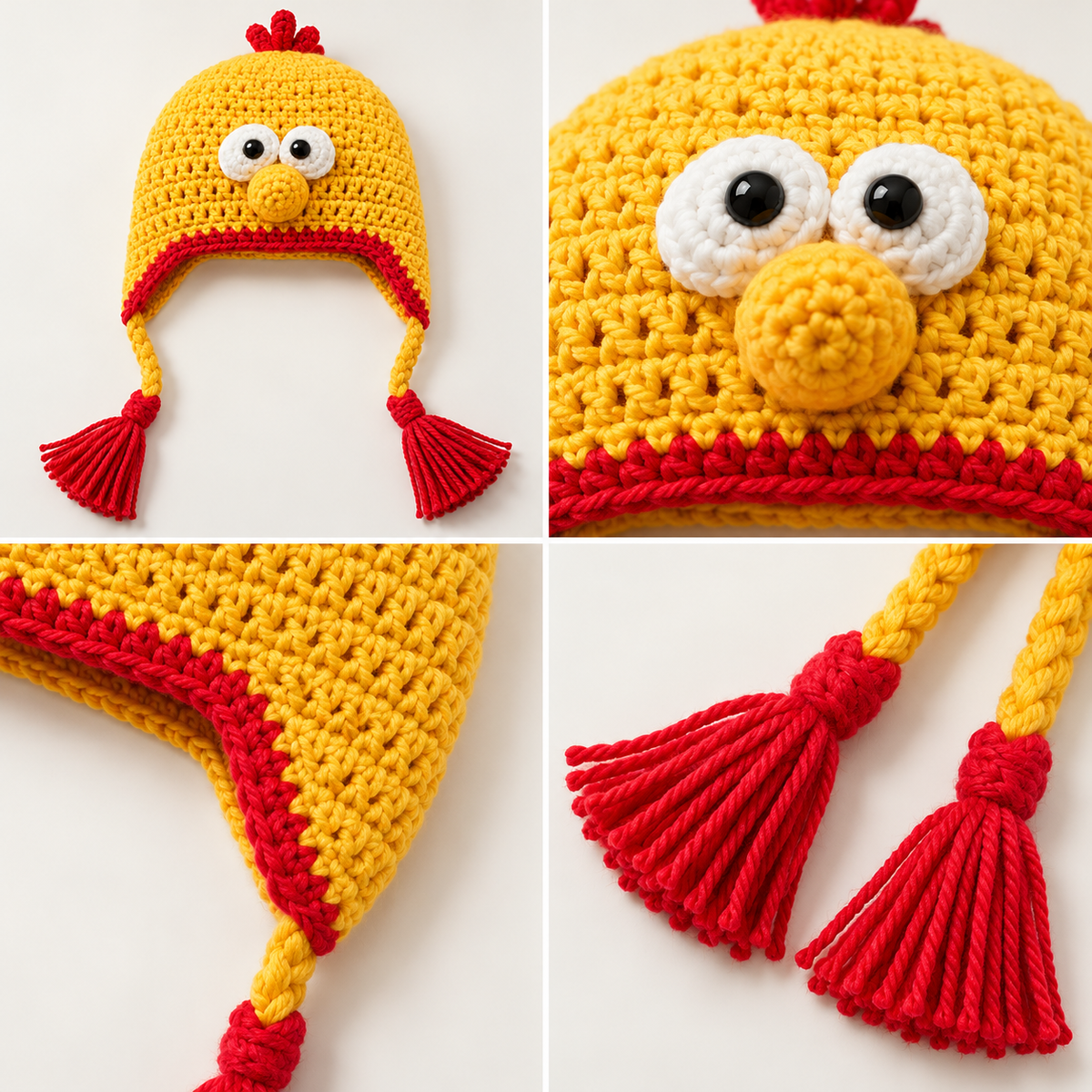 Funny Bobo Chicken 3D Crochet Hat – Cute Yellow Chicken Earflap Hat with Red Tassels