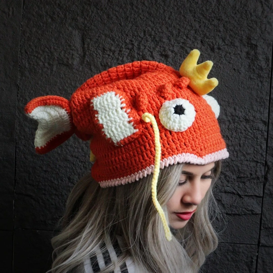 Funny Crochet Carp Head Hat with Crown & Big Eyes - Handmade Orange Fish King Beanie