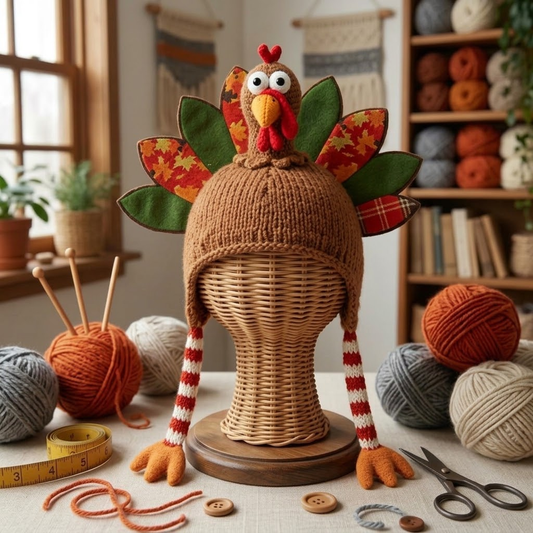 Funny 3D Turkey Hand-Crocheted Beanie – Thanksgiving Novelty Earflap Hat