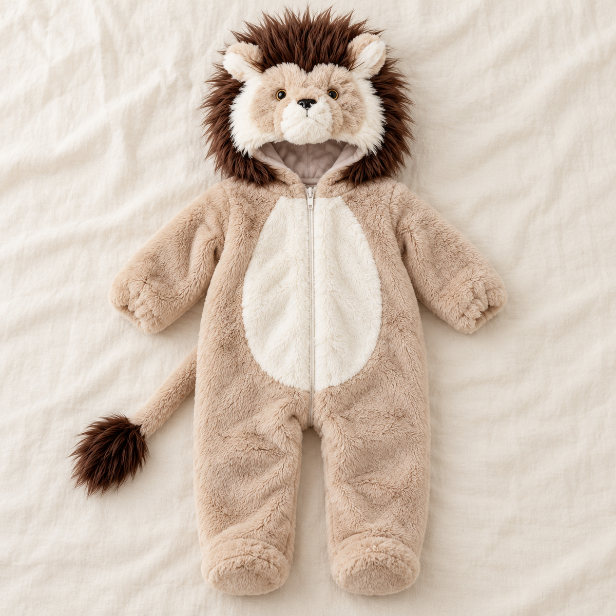 Handmade 3D Fluffy Lion Hooded Onesie โ Adorable Kids' Lion Costume & Cozy Pajamas