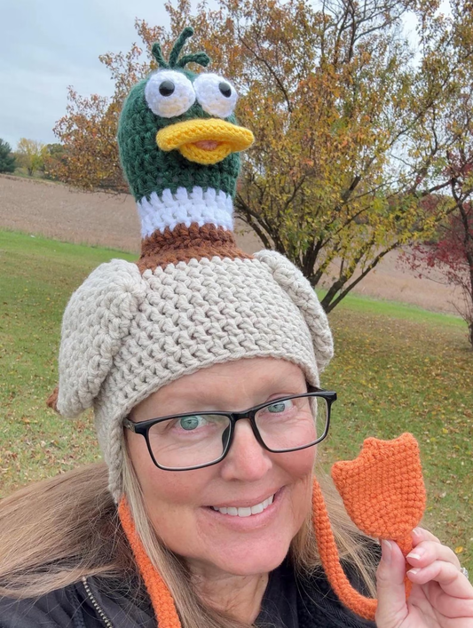 Handcrafted 3D Mallard Duck Crochet Earflap Beanie with Long Neck & Webbed Foot Tassels
