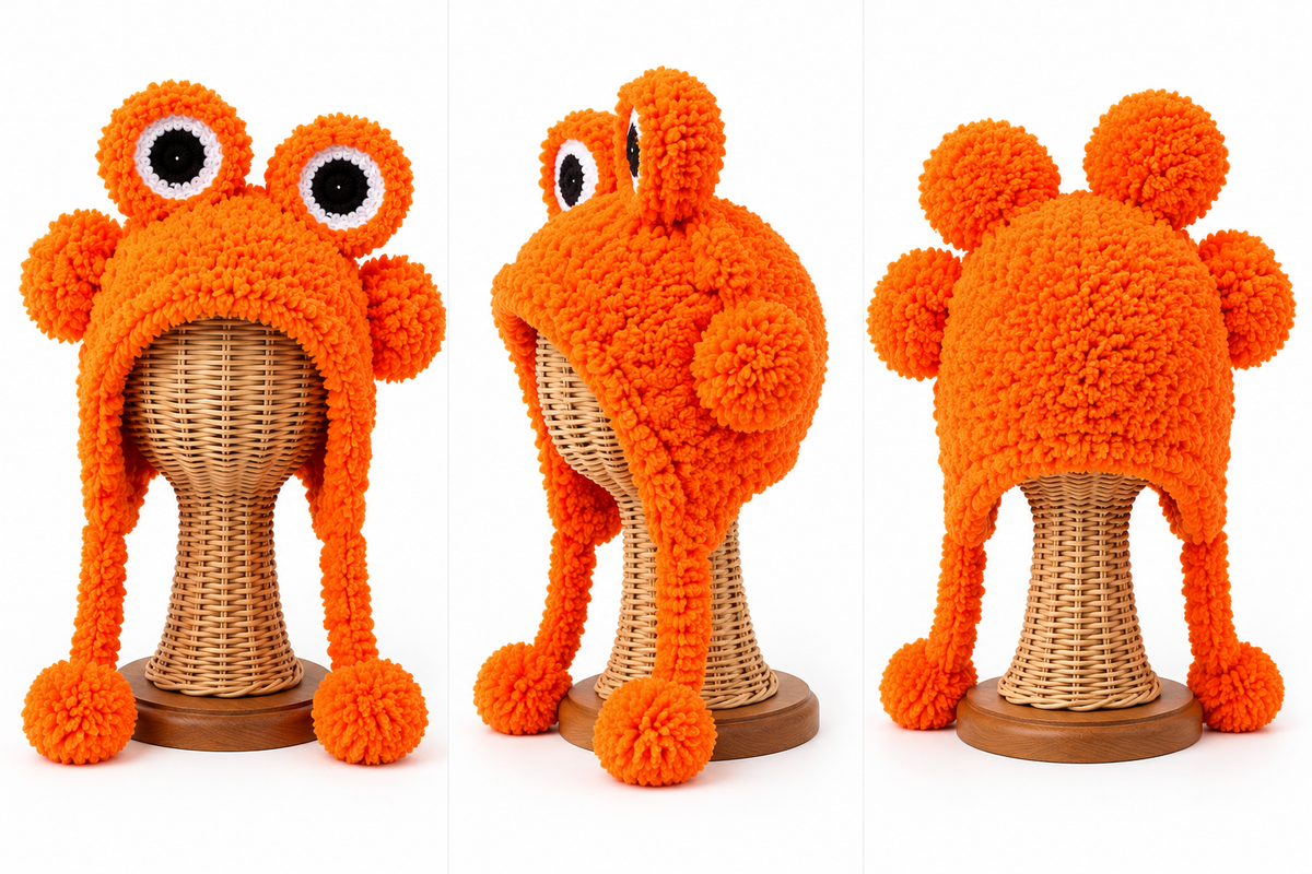Handmade 3D Orange Monster Crochet Hat – Cute Crab-Inspired Animal Earflap Hat with Big Googly Eyes
