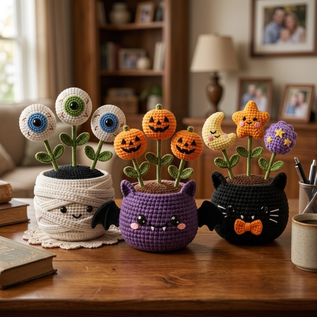 Spooky-Cute Halloween Crochet Planter โ Ready to Display