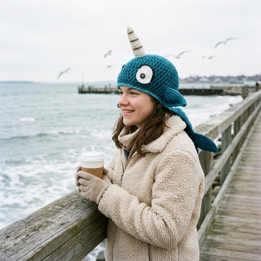 Handmade 3D Narwhal Crochet Hat – Cute Ocean Animal Earflap Hat for Kids & Adults