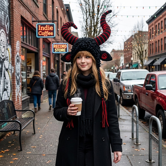 Dark Forest 3D Curved Horns Knit Earflap Hat