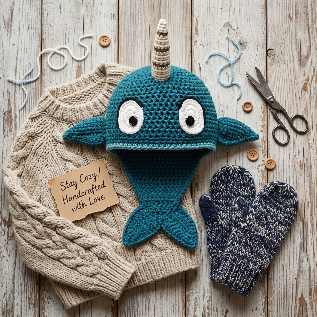 Handmade 3D Narwhal Crochet Hat โ Cute Ocean Animal Earflap Hat for Kids & Adults