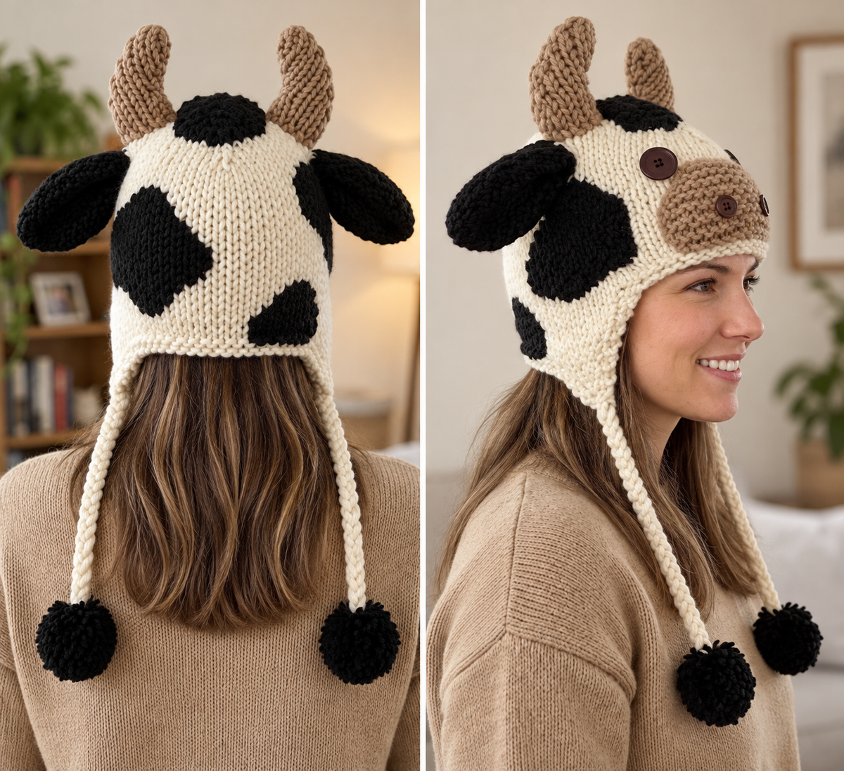3D Spotted Cow Earflap Knit Beanie