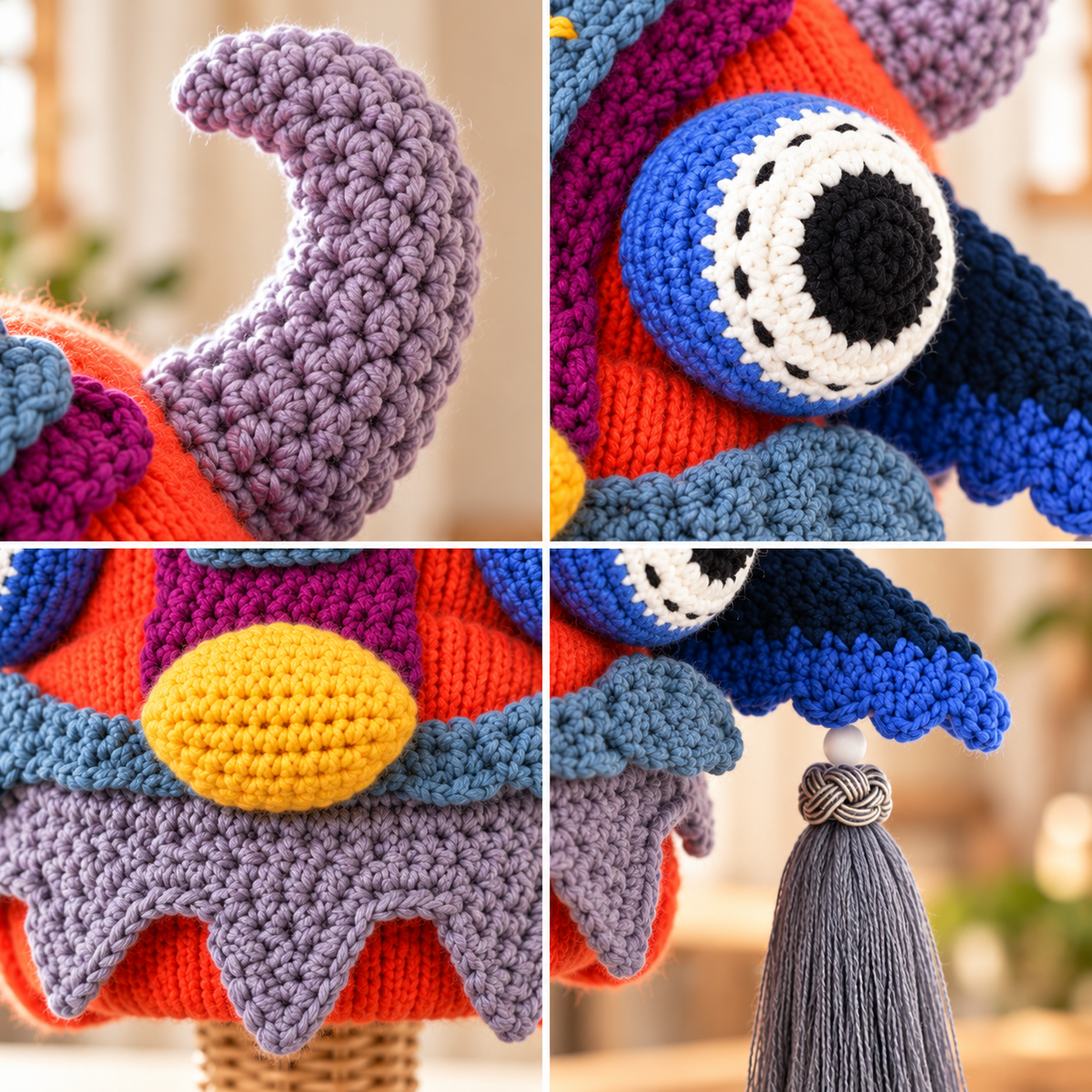 Handmade 3D Monster Crochet Hat โ Colorful Creature Hat with Horns & Tassels for Adults