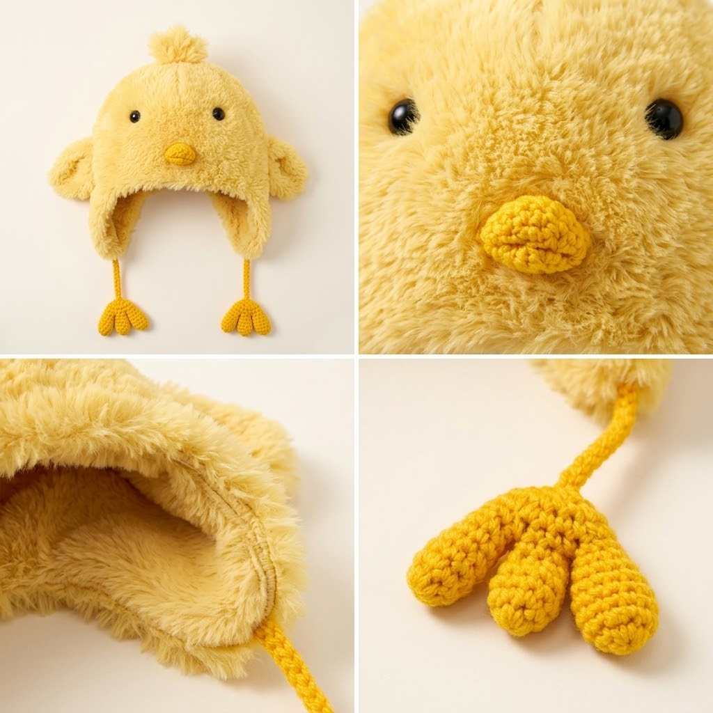 Sunny Chick Fluffy 3D Earflap Beanie with Cute Foot Tassels