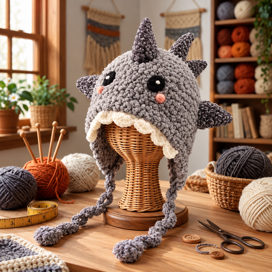 Cute Kids Shark Crochet Earflap Hat – Playful Blue Ocean Beanie with 3D Fins, Sharp Teeth & Braided Tassels