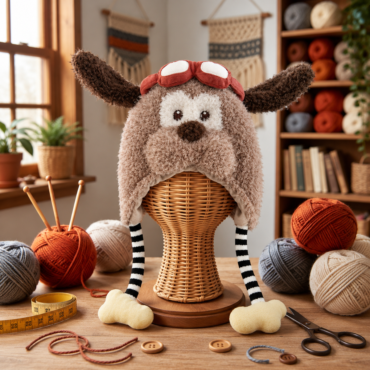 Cute Puppy Plush Earflap Hat – Funny Grey Dog Beanie with Floppy Ears, Blue Polka-Dot Bow & Striped Paw Tassels