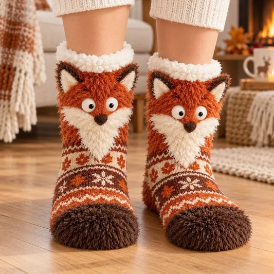Cute 3D Woodland Animal Fuzzy Slipper Socks – Cozy Winter Socks with Owl, Fox, Robin & Otter Designs