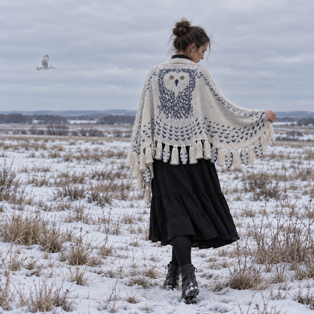 Funny Snowy Owl Wing Shawl – Knitted Scarf with Feather Fringe