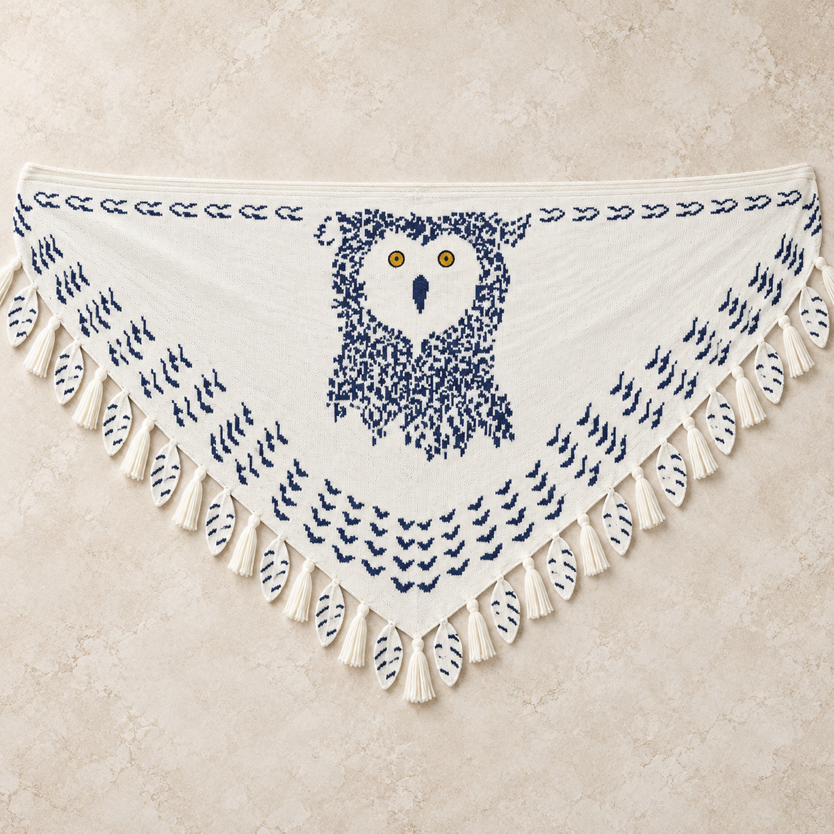 Funny Snowy Owl Wing Shawl – Knitted Scarf with Feather Fringe