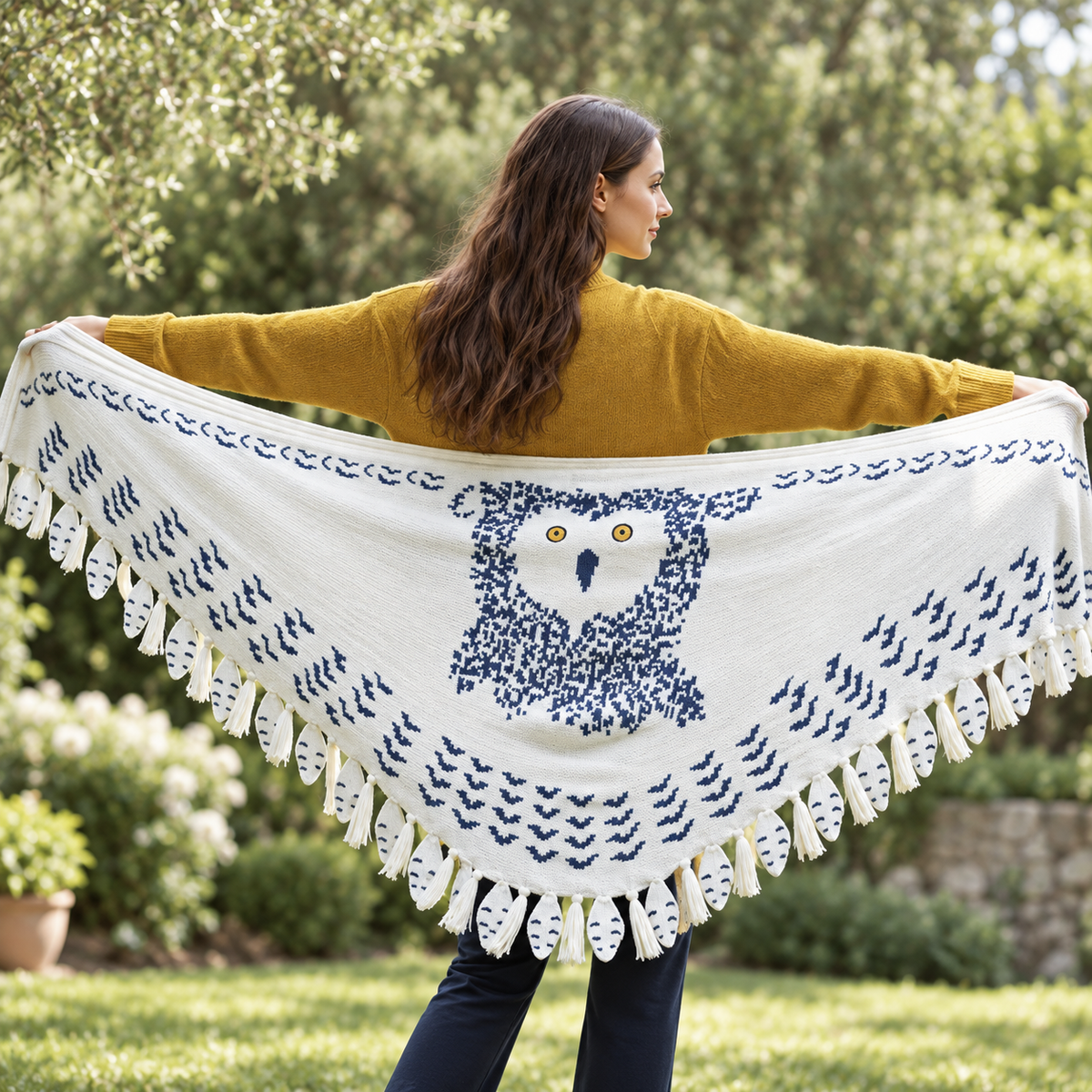 Funny Snowy Owl Wing Shawl – Knitted Scarf with Feather Fringe