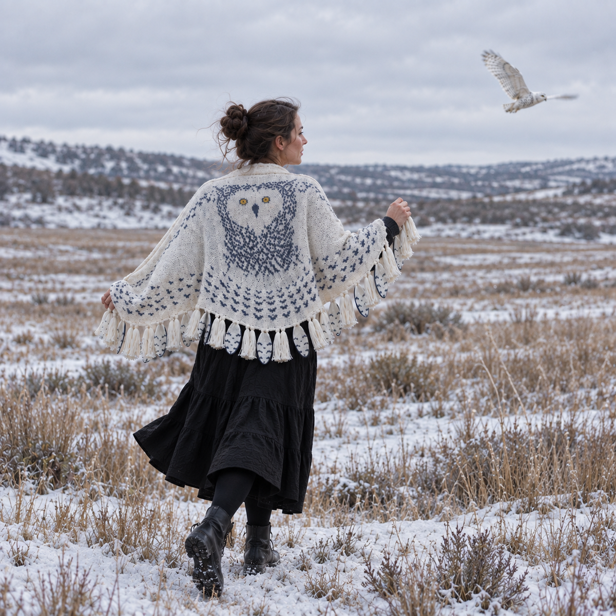Funny Snowy Owl Wing Shawl – Knitted Scarf with Feather Fringe