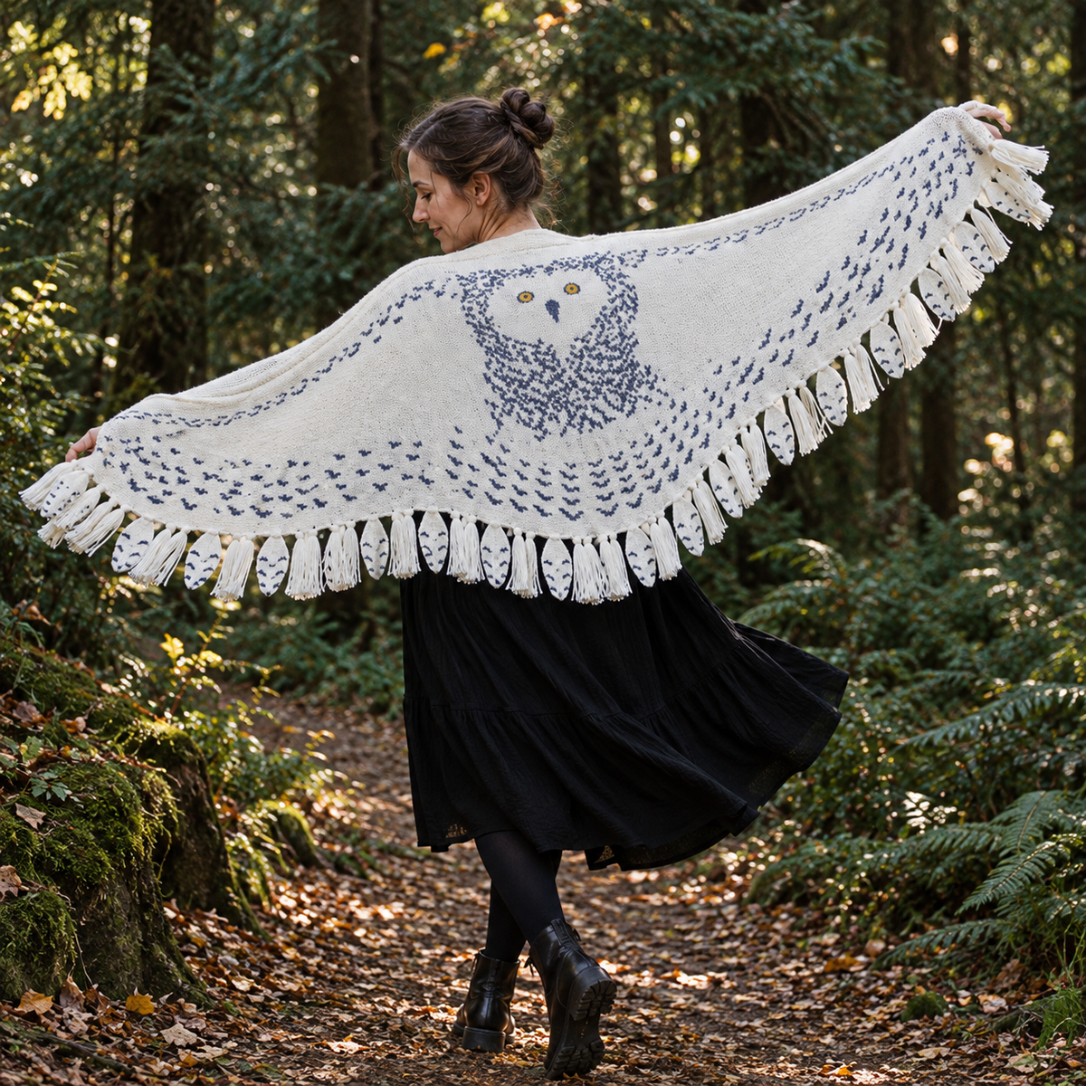 Funny Snowy Owl Wing Shawl – Knitted Scarf with Feather Fringe