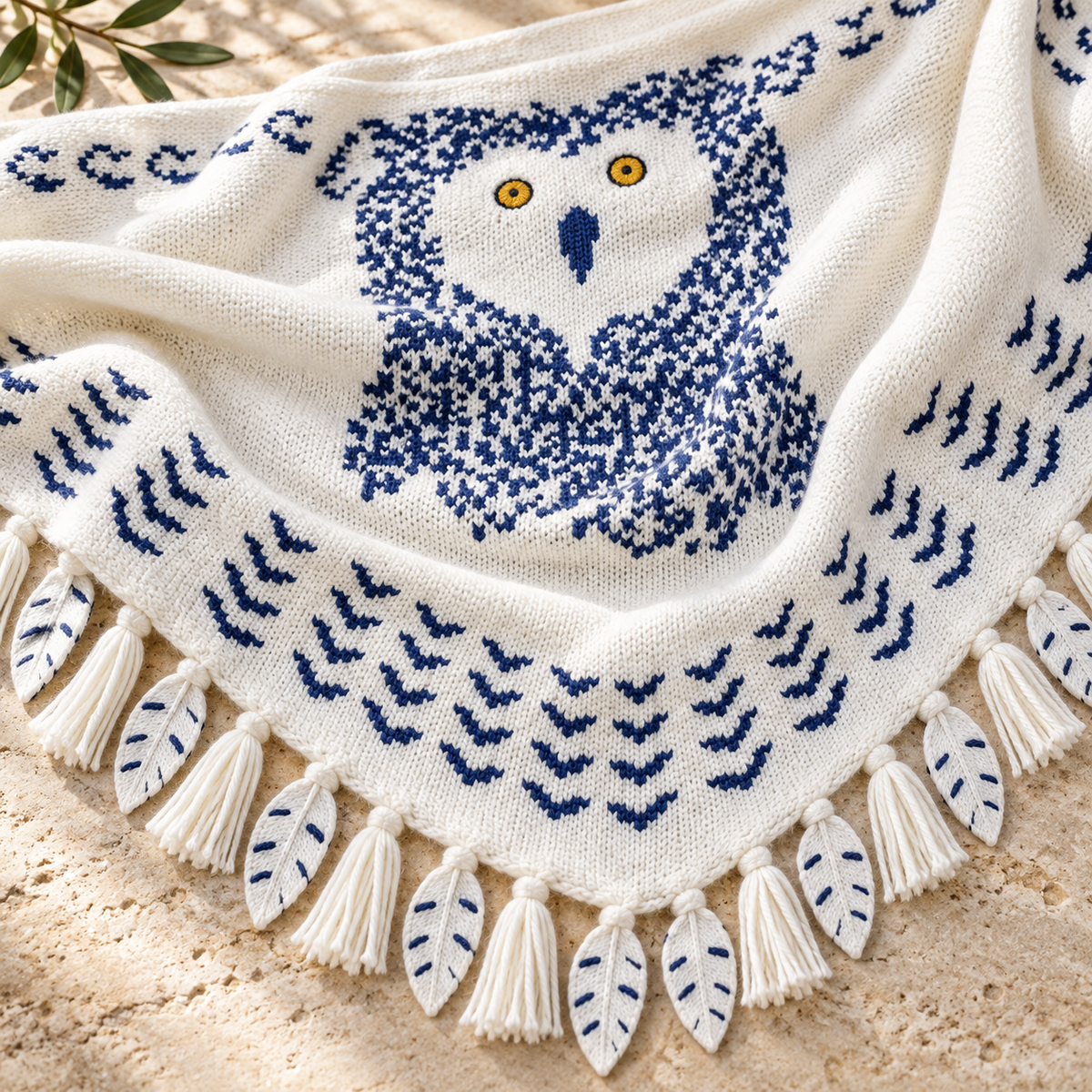 Funny Snowy Owl Wing Shawl – Knitted Scarf with Feather Fringe