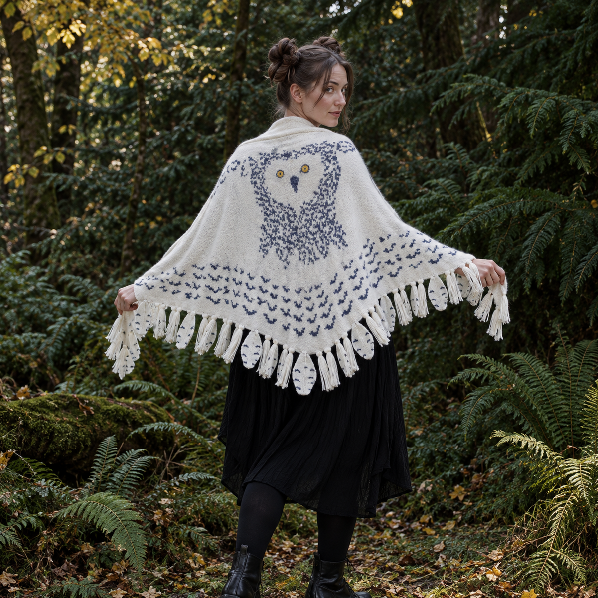 Funny Snowy Owl Wing Shawl – Knitted Scarf with Feather Fringe