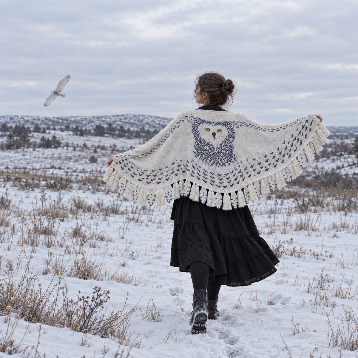 Funny Snowy Owl Wing Shawl – Knitted Scarf with Feather Fringe
