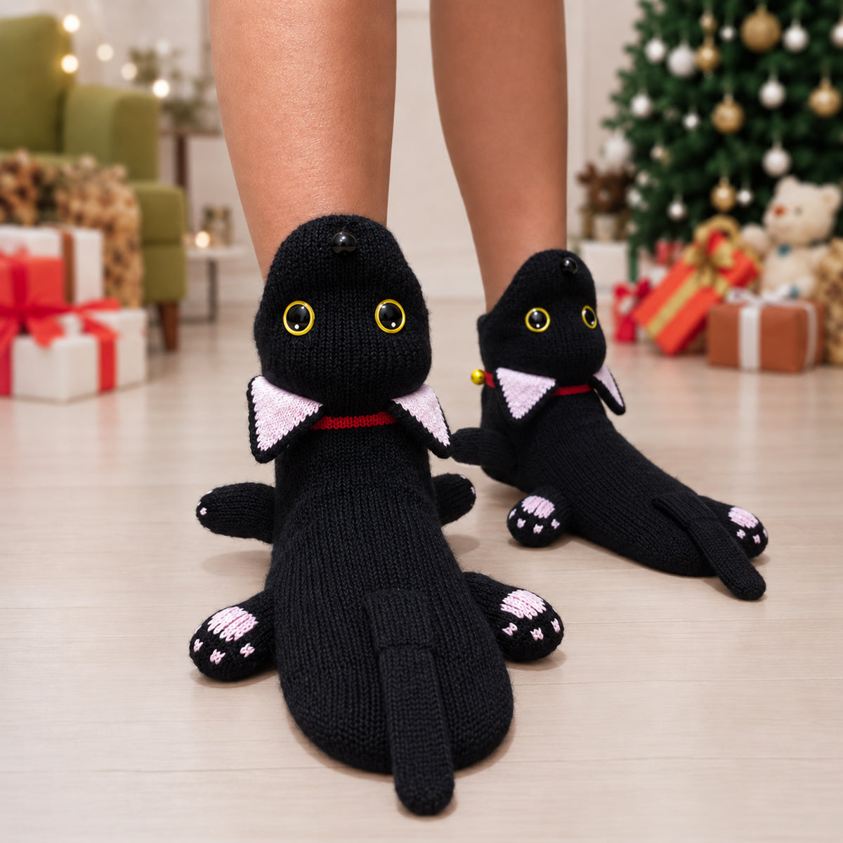 3D Black Cat Knit Socks – Funny Animal Novelty Socks