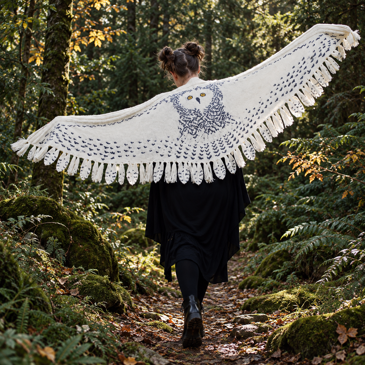 Funny Snowy Owl Wing Shawl – Knitted Scarf with Feather Fringe