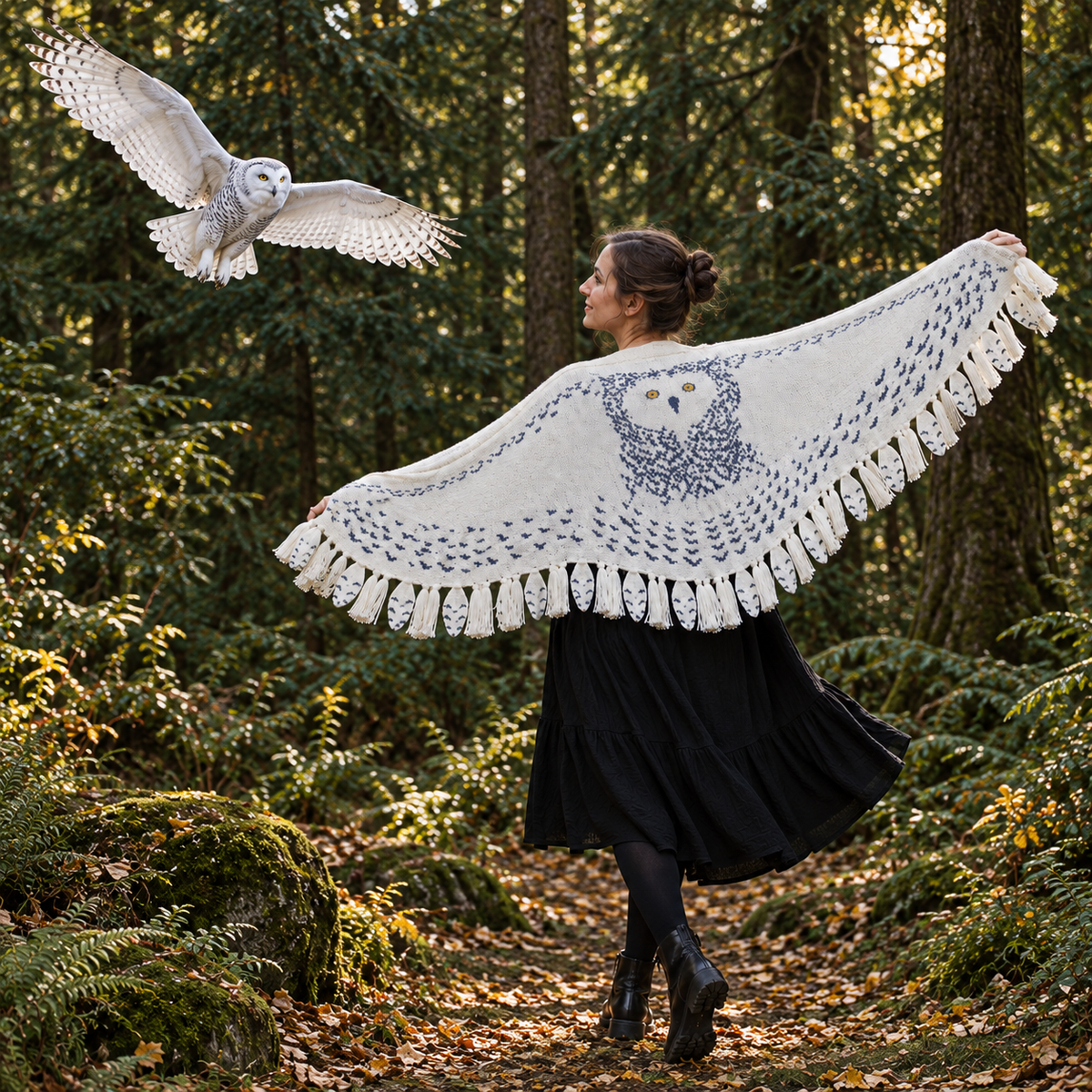 Funny Snowy Owl Wing Shawl – Knitted Scarf with Feather Fringe