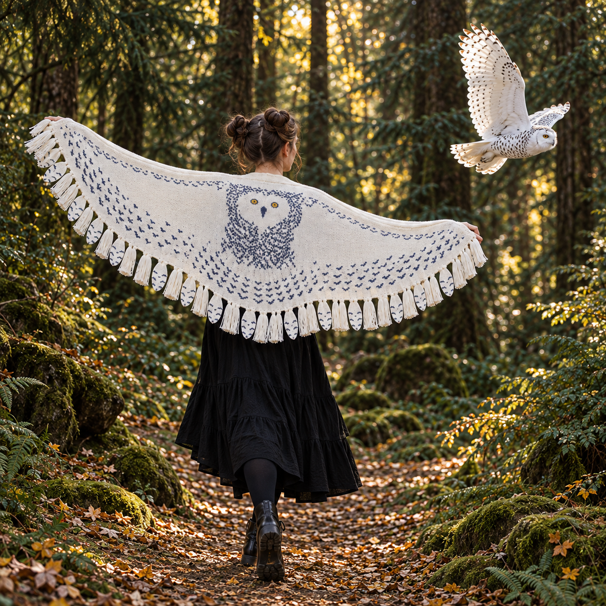 Funny Snowy Owl Wing Shawl – Knitted Scarf with Feather Fringe
