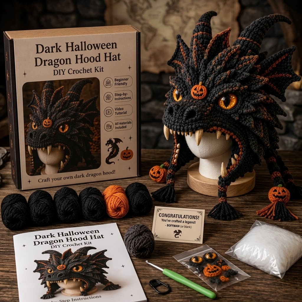 Dark Halloween Dragon Hood Hat DIY Crochet Kit — Craft Your Own Dark Magic