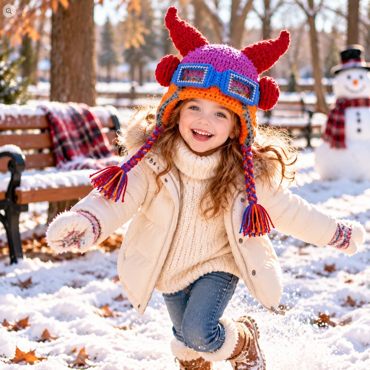👾🧶 Handmade 3D Monster Crochet Hat – Colorful Horned Creature Earflap Hat with Blue Glasses for Kids &amp; Adults