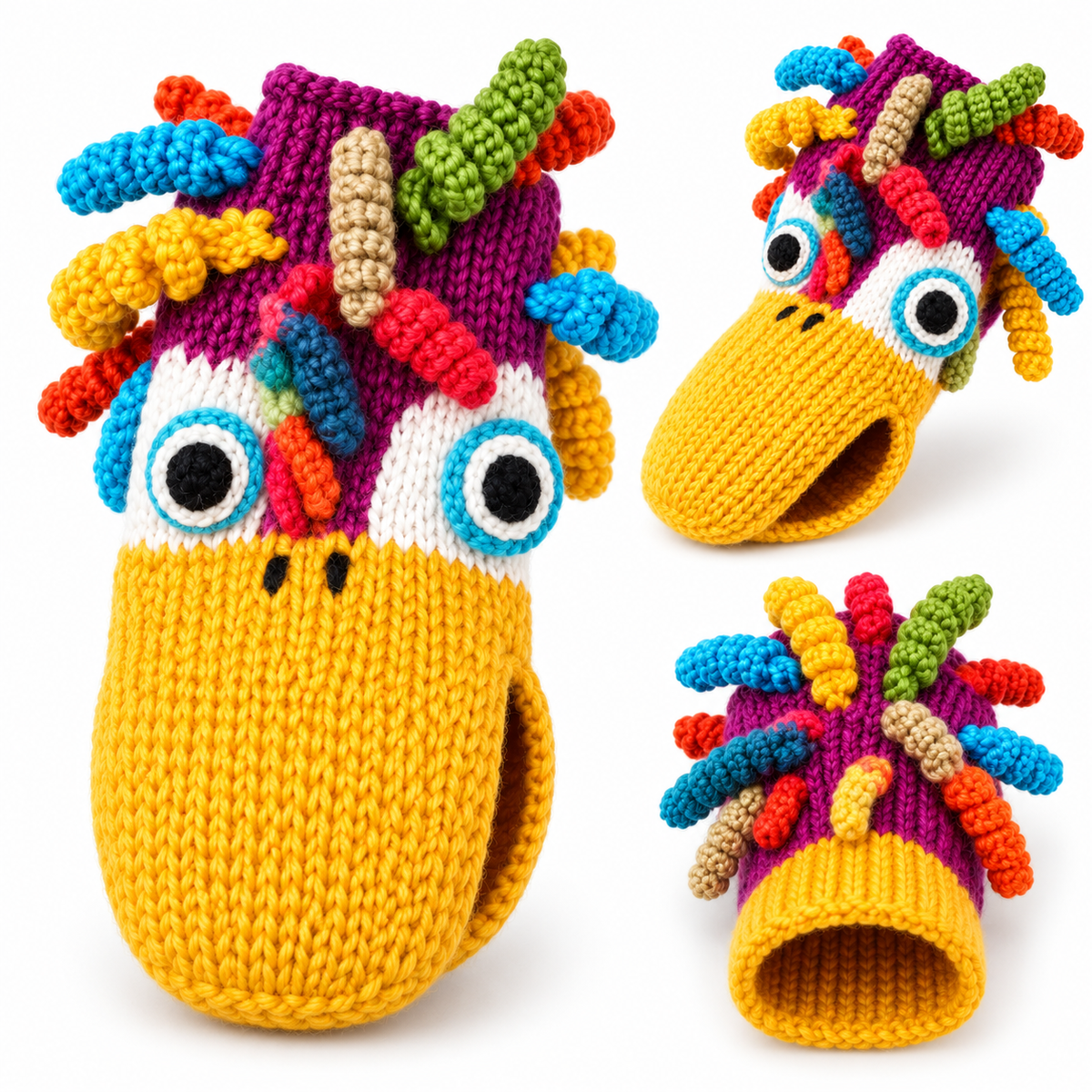 Kids' Rainbow Monster Mouth Hand-Crocheted Mittens – Funny 3D Puppet Gloves