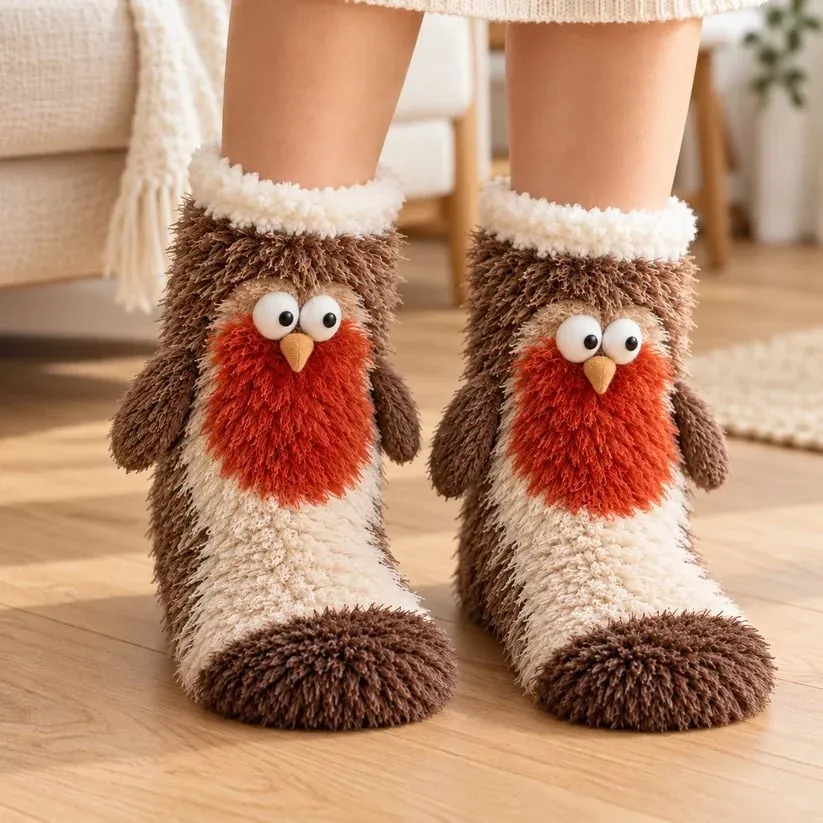 Cute 3D Woodland Animal Fuzzy Slipper Socks – Cozy Winter Socks with Owl, Fox, Robin &amp; Otter Designs