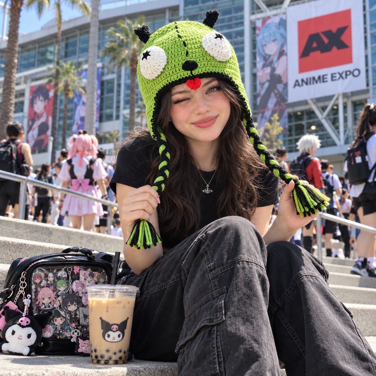 Funny Green Alien Monster Earflap Crochet Hat – Cute 3D Big Eyes Handmade Knit Hat
