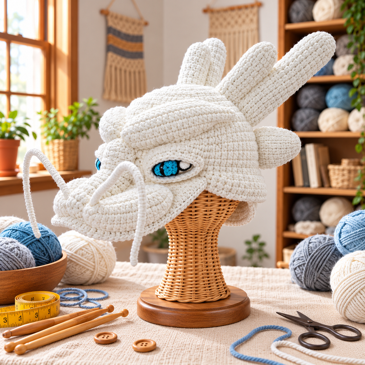 Handmade 3D Dragon Crochet Hat for Adults – Fantasy Dragon Head Beanie with Horns, Fiery Eyes &amp; Whiskers