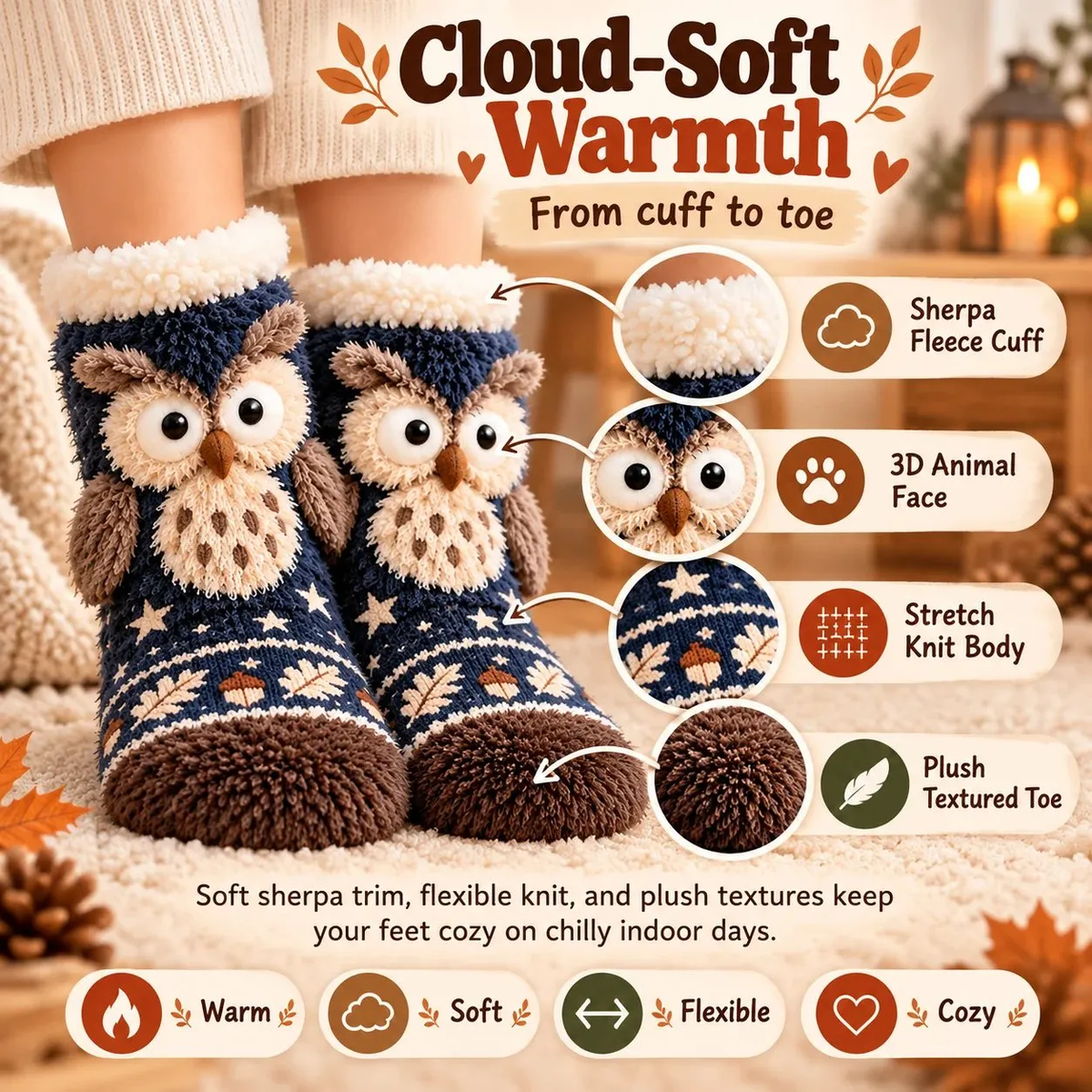 Cute 3D Woodland Animal Fuzzy Slipper Socks – Cozy Winter Socks with Owl, Fox, Robin &amp; Otter Designs