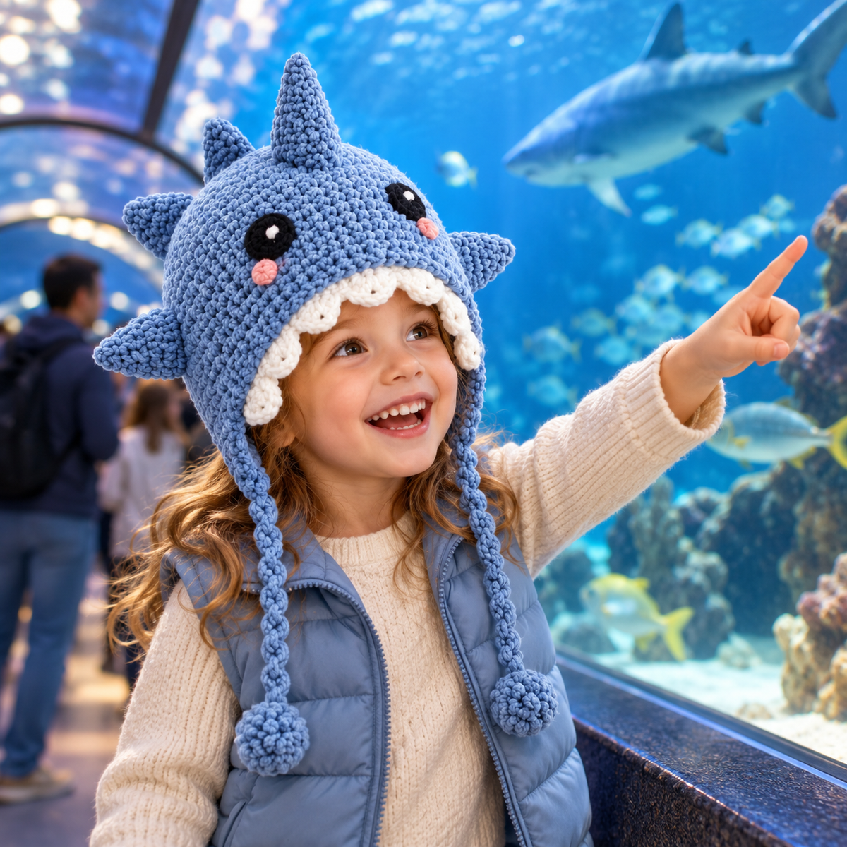 Cute Kids Shark Crochet Earflap Hat – Playful Blue Ocean Beanie with 3D Fins, Sharp Teeth & Braided Tassels