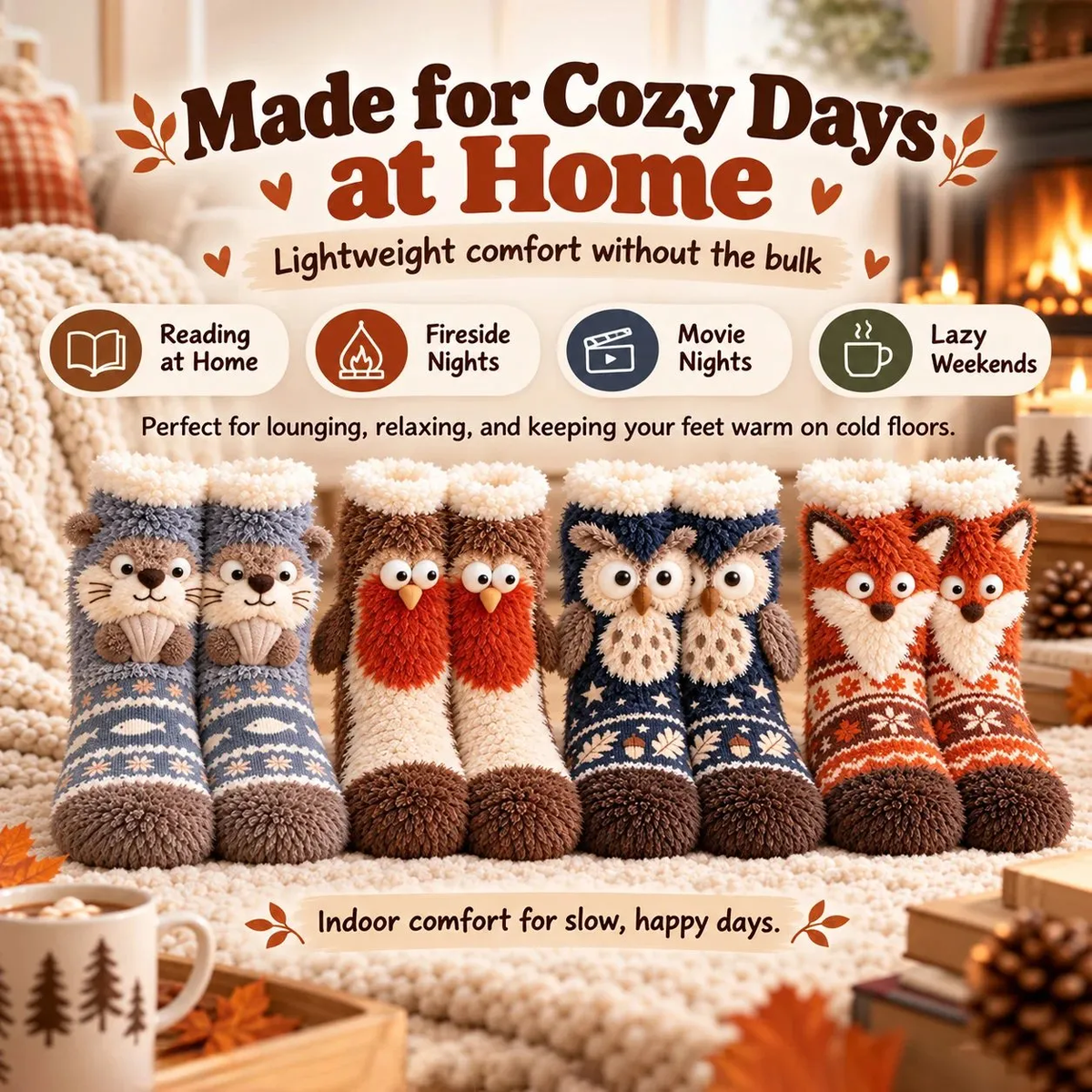 Cute 3D Woodland Animal Fuzzy Slipper Socks – Cozy Winter Socks with Owl, Fox, Robin &amp; Otter Designs