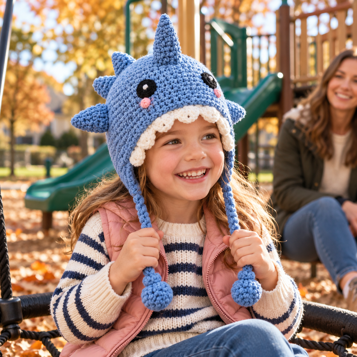 Cute Kids Shark Crochet Earflap Hat – Playful Blue Ocean Beanie with 3D Fins, Sharp Teeth & Braided Tassels