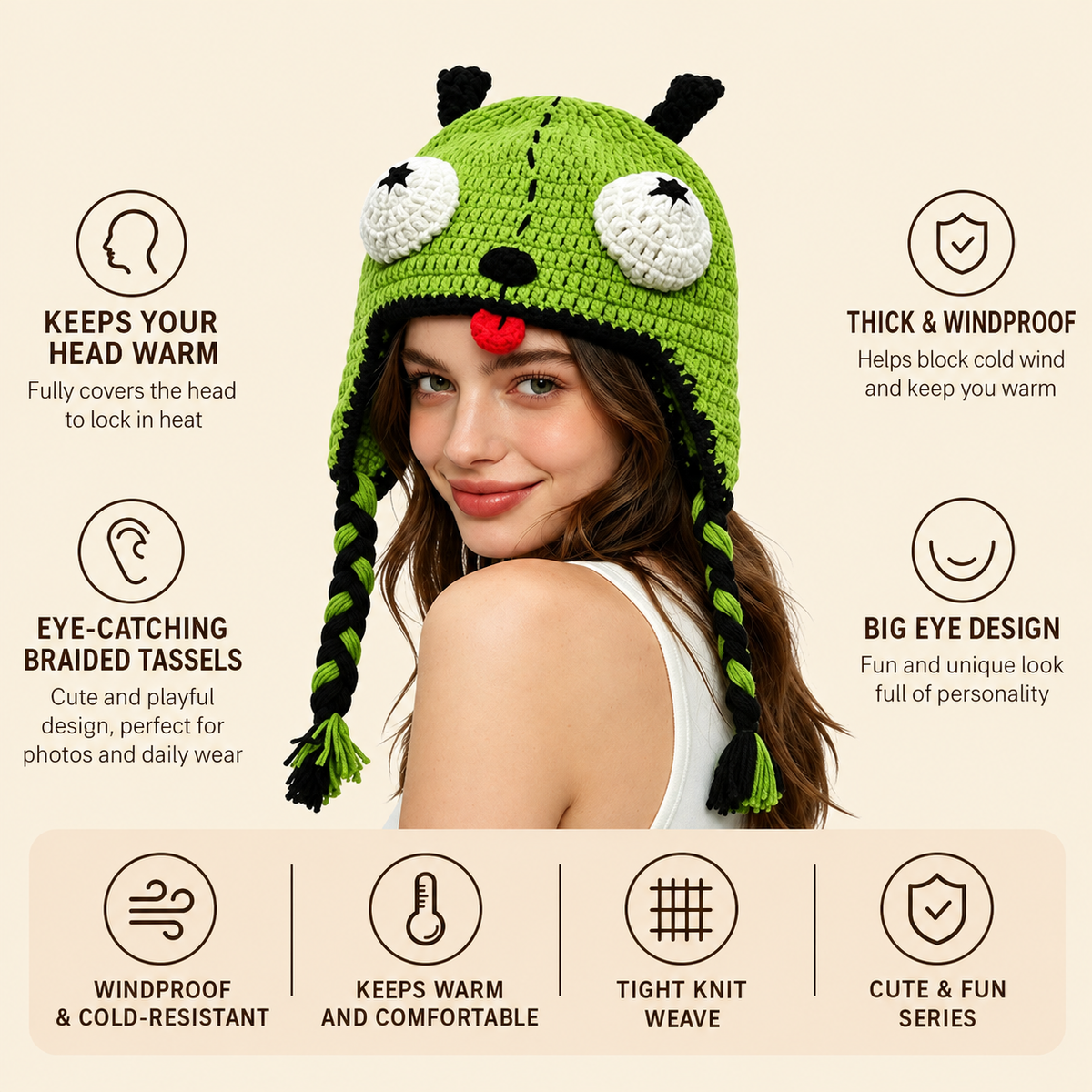 Funny Green Alien Monster Earflap Crochet Hat – Cute 3D Big Eyes Handmade Knit Hat