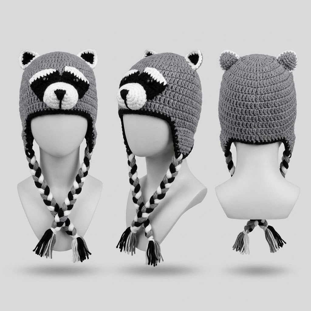 Little Bandit 3D Raccoon Knit Earflap Hat