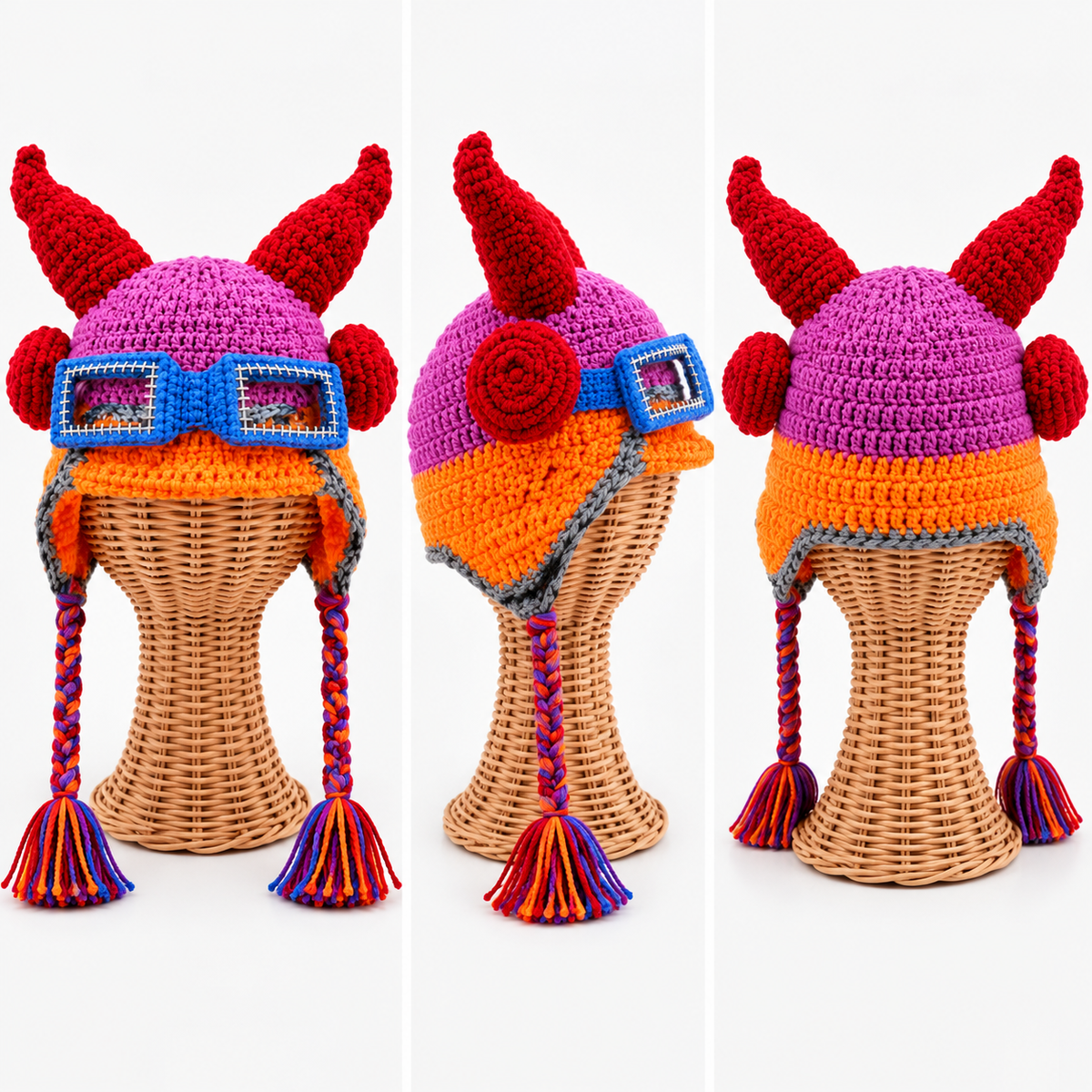 👾🧶 Handmade 3D Monster Crochet Hat – Colorful Horned Creature Earflap Hat with Blue Glasses for Kids &amp; Adults