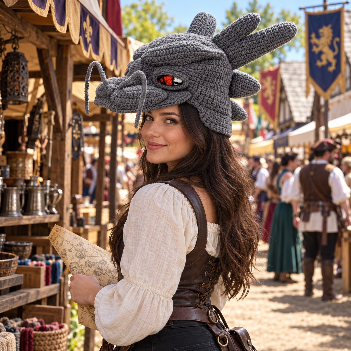 Handmade 3D Dragon Crochet Hat for Adults – Fantasy Dragon Head Beanie with Horns, Fiery Eyes &amp; Whiskers