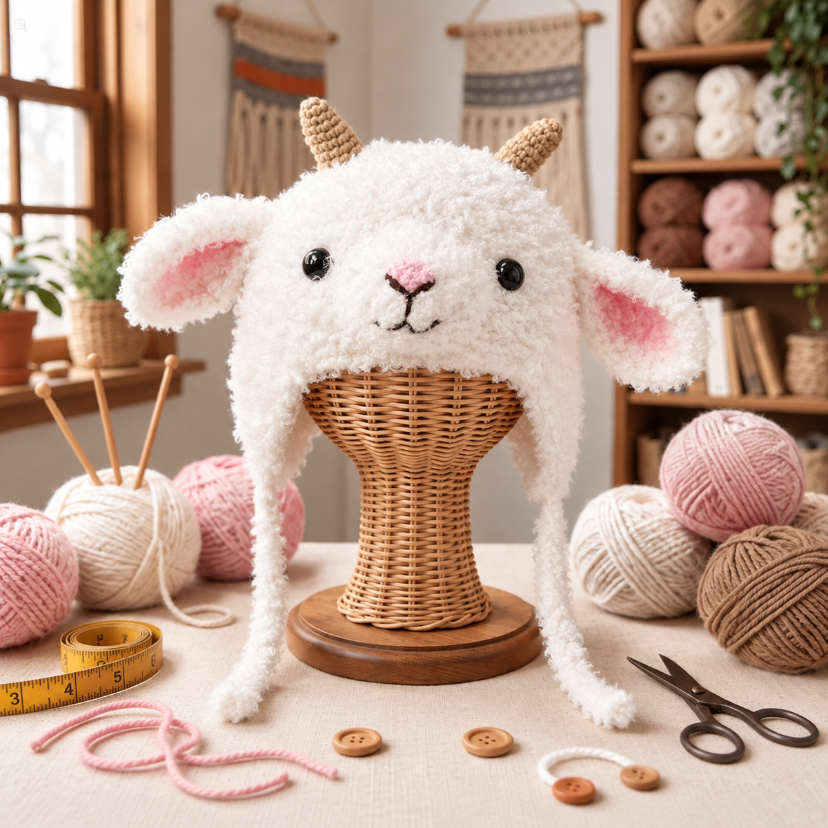 Handmade 3D Fluffy Lamb Crochet Hat – Adorable White Sheep Earflap Hat with Pink Ears &amp; Cute Horns for Kids &amp; Adults
