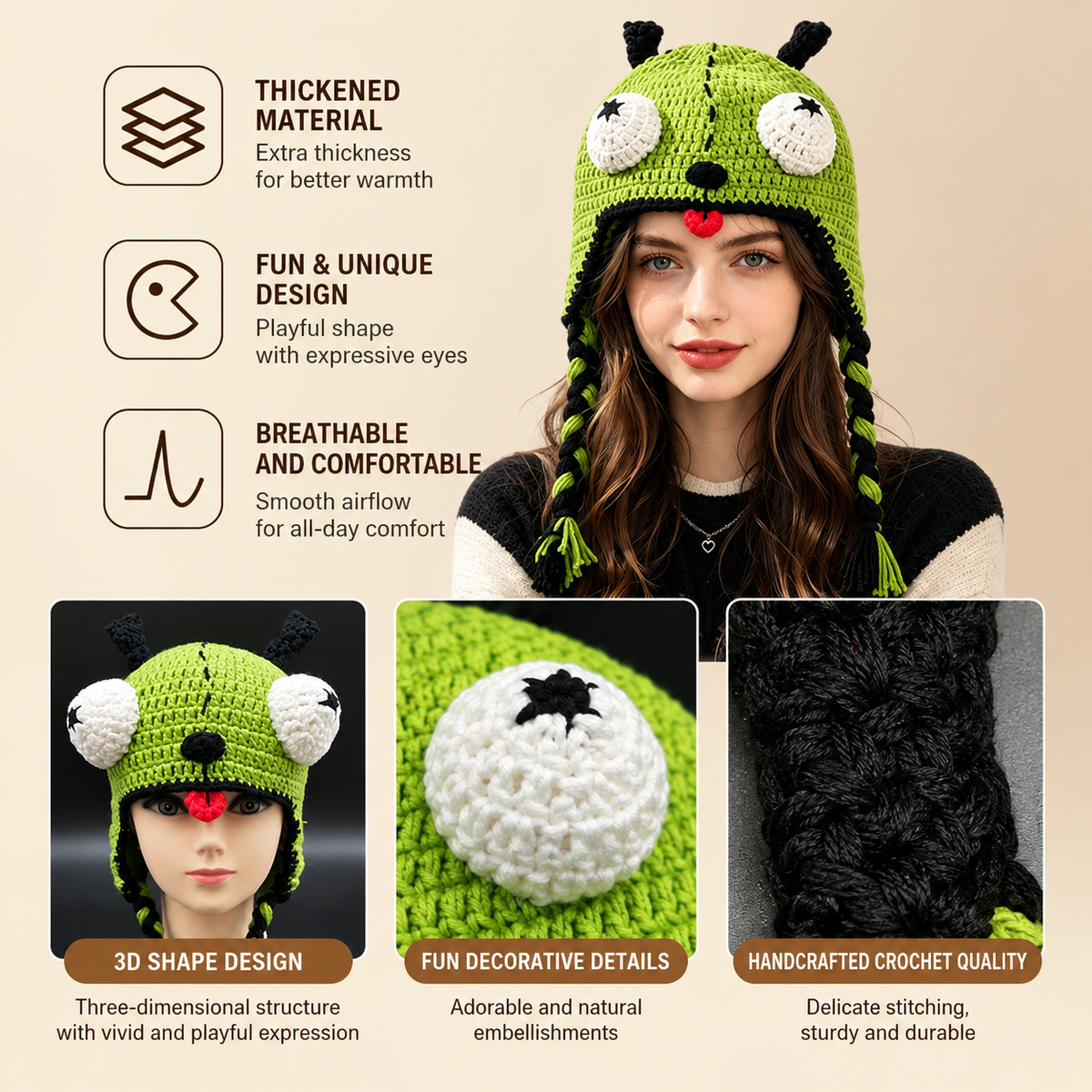 Funny Green Alien Monster Earflap Crochet Hat – Cute 3D Big Eyes Handmade Knit Hat
