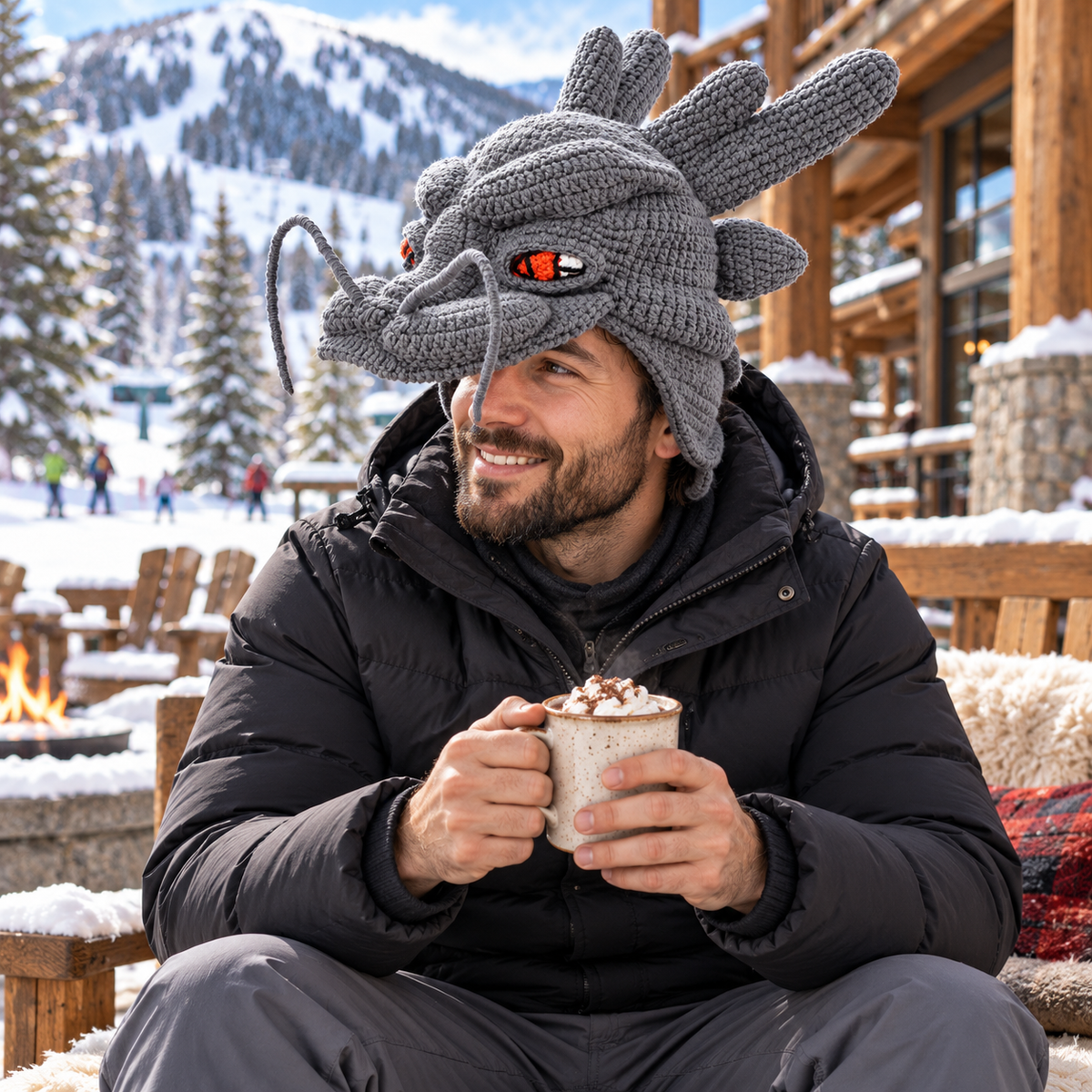 Handmade 3D Dragon Crochet Hat for Adults – Fantasy Dragon Head Beanie with Horns, Fiery Eyes &amp; Whiskers